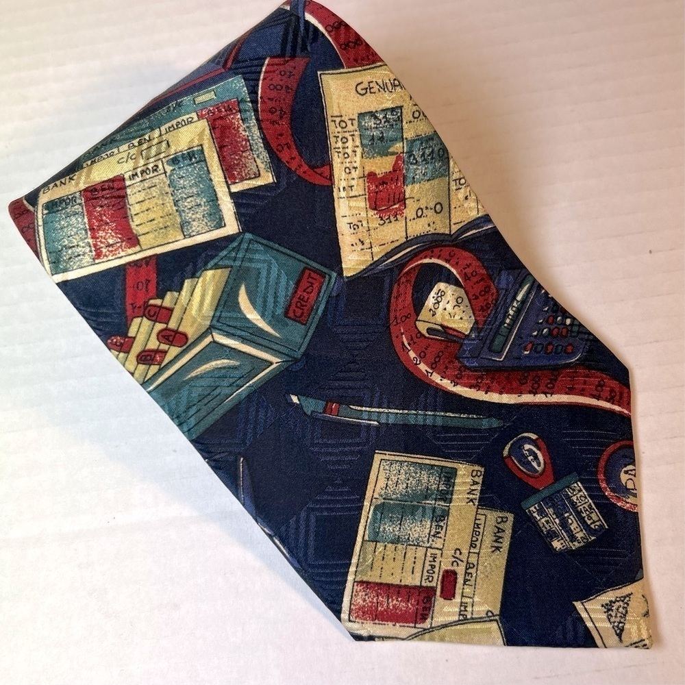 Mens Tie Bank Financial Advisor 58.5" long and 4" wide Italian Silk Screen Print - Picture 3 of 8